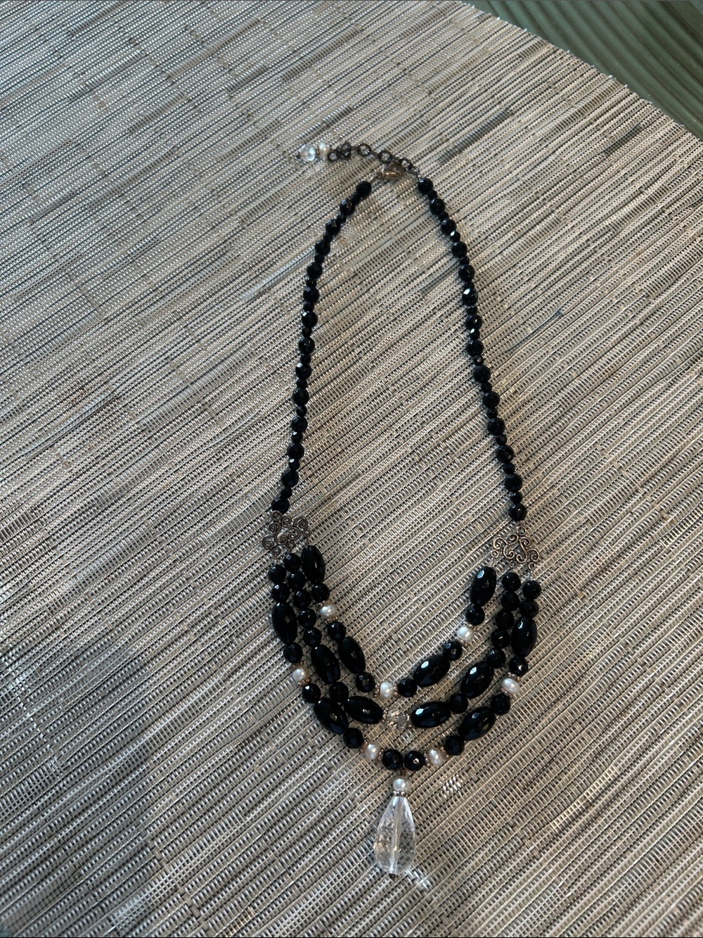 Elegant Black Beaded Necklace with Clear Crystal Pendant